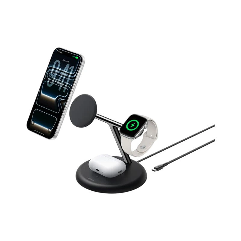 Belkin 3-in-1 25w Magnetic Wireless Charging Stand with QI2 WIZ050kqBK Black | უსადენო დამტენი