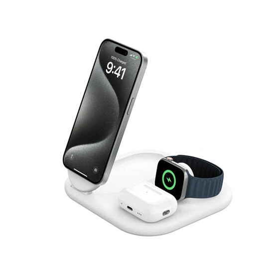 Belkin 3-in-1 15W Magnetic Wireless Charging Stand with QI2 WIZ029VFWH White | უსადენო დამტენი