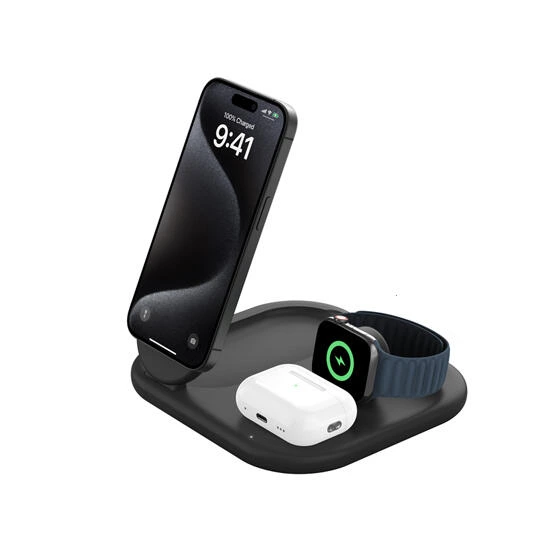 Belkin 3-in-1 15W Magnetic Wireless Charging Stand with QI2 WIZ029VFBK Black | უსადენო დამტენი