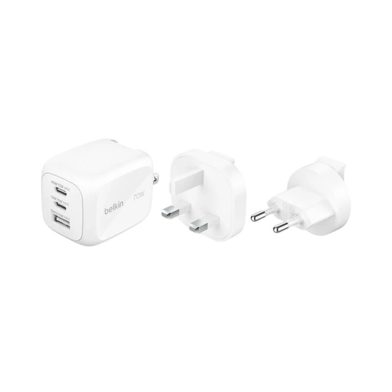 Belkin 70w 3-Port GaN Wall Charger With Interchangable Plug Tips WCH018hqWH White | დამტენი