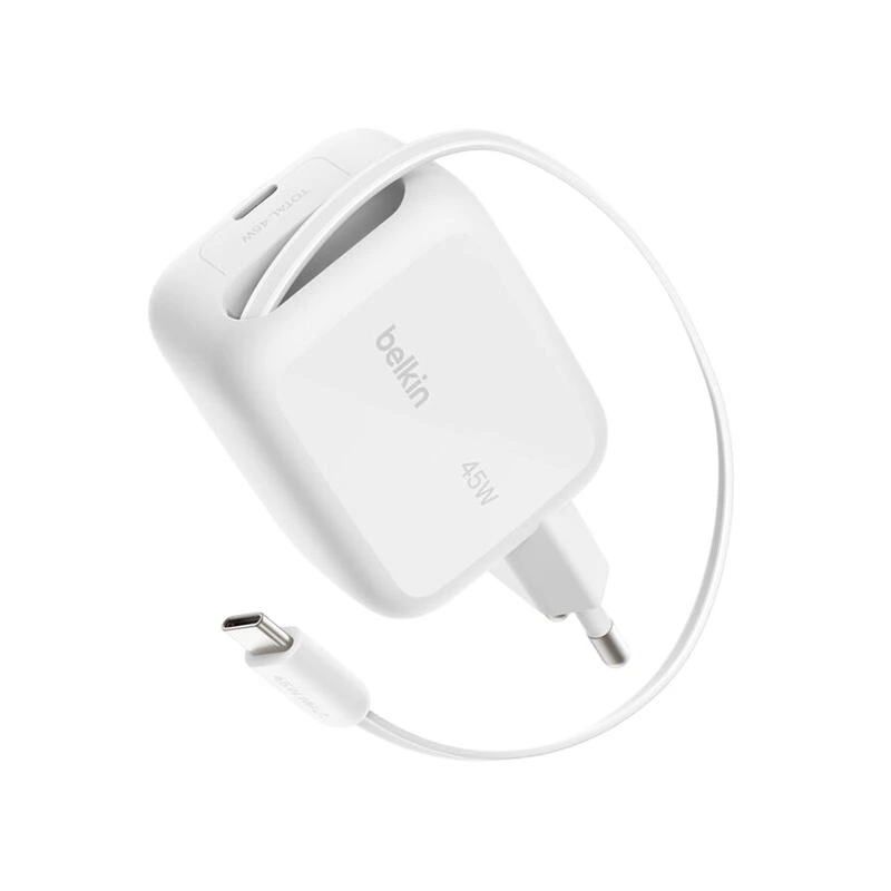 Belkin 45w USB-C With Retractable USB-C Wall Charger WCH023kqWH White | зарядка