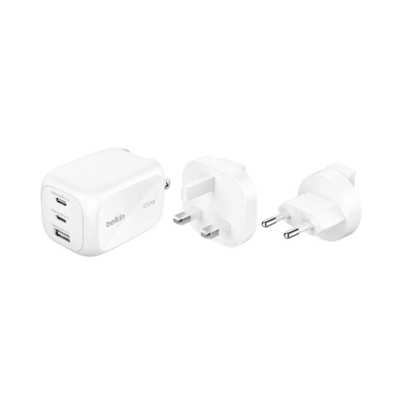 Belkin 100w 3-Port GaN Wall Charger With Interchangable Plug Tips WCH016hqWH White | დამტენი
